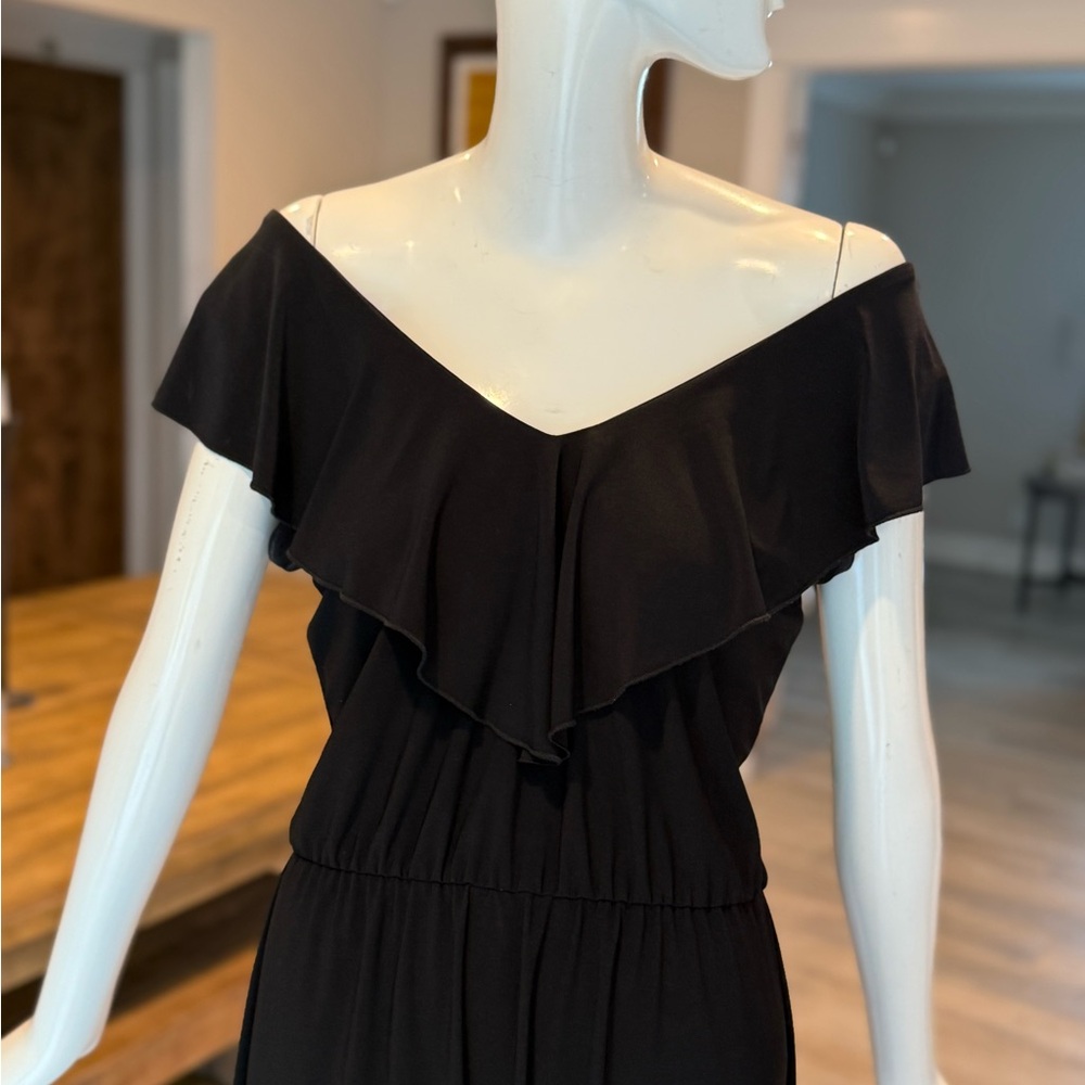 Black Ruffled V-Neck Sheath Midi Dress - Picture 5 of 5